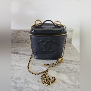 Authentic CHANEL Cocomark Black Caviar Leather Vanity Case Bag
